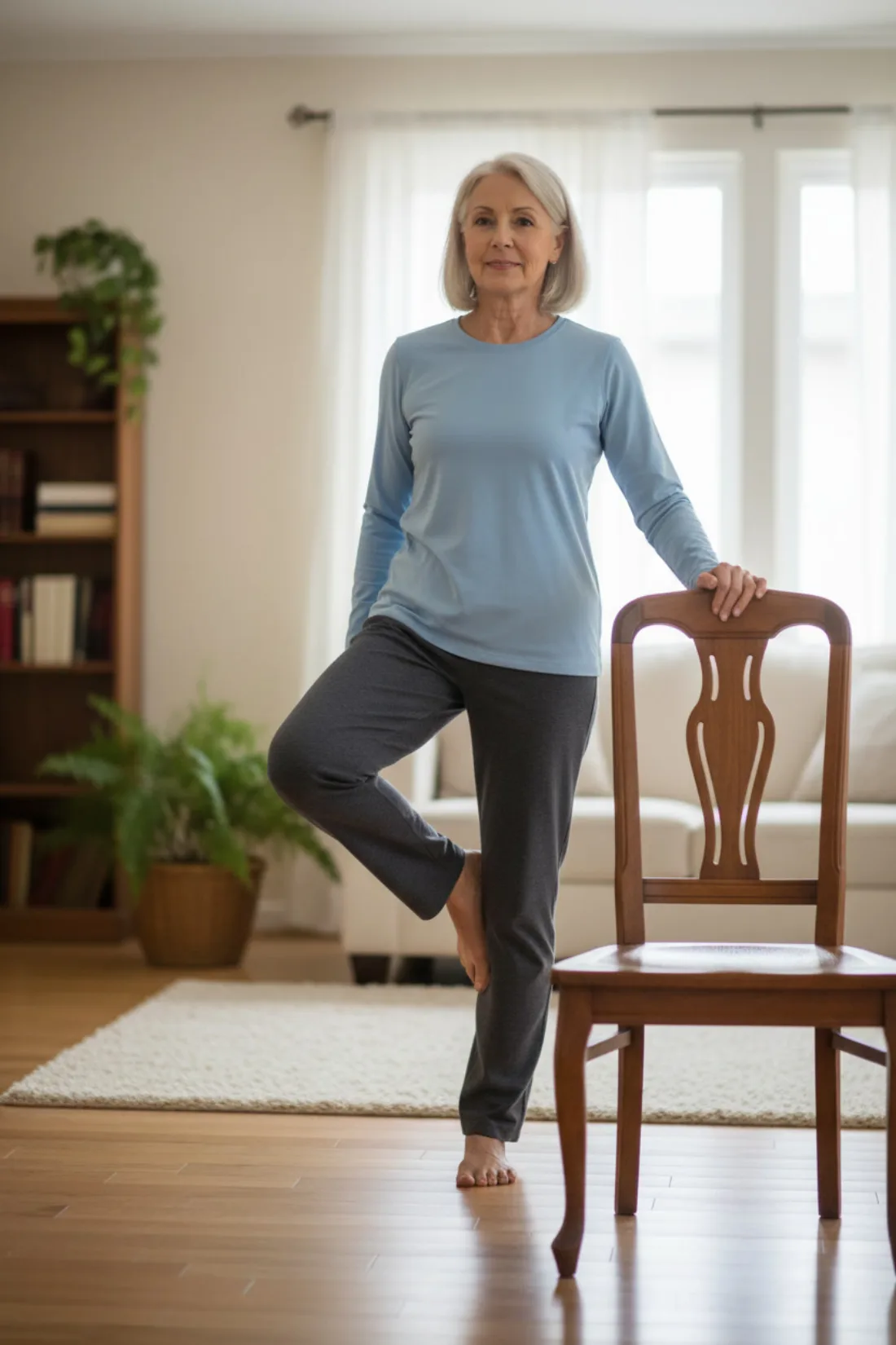 Mujer mayor haciendo un ejercicio de equilibrio apoyada en una silla, de pie sobre una pierna, en un ambiente de casa luminoso
