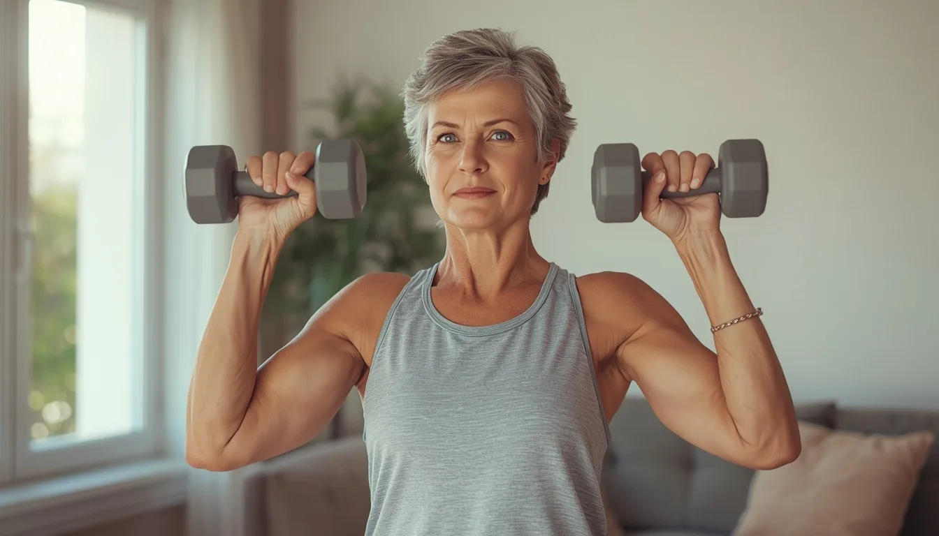 Mujer de unos sesenta años haciendo ejercicio de fuerza con mancuernas en casa, con buena postura